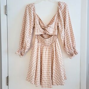 Checked S Mable Mini Dress Keyhole Front POCKETS Smocked Waist Puffed Sleeves